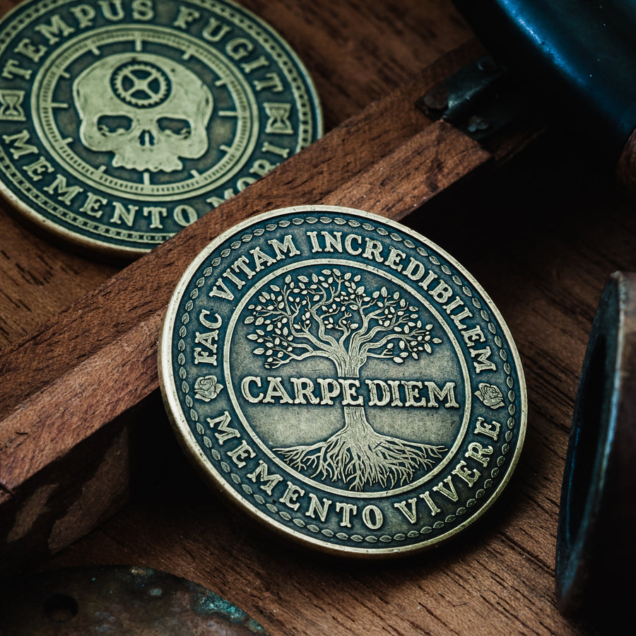 Carpe Diem Coin with tree of life and tempus fugit skill